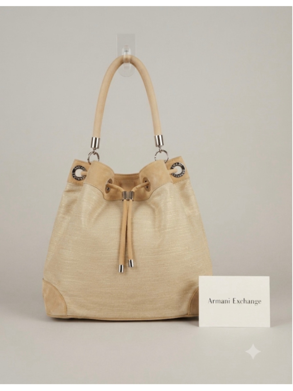 Armani Exchange Bucket Shoulder Bag, Beige and Gold with Silver Tone Hardware